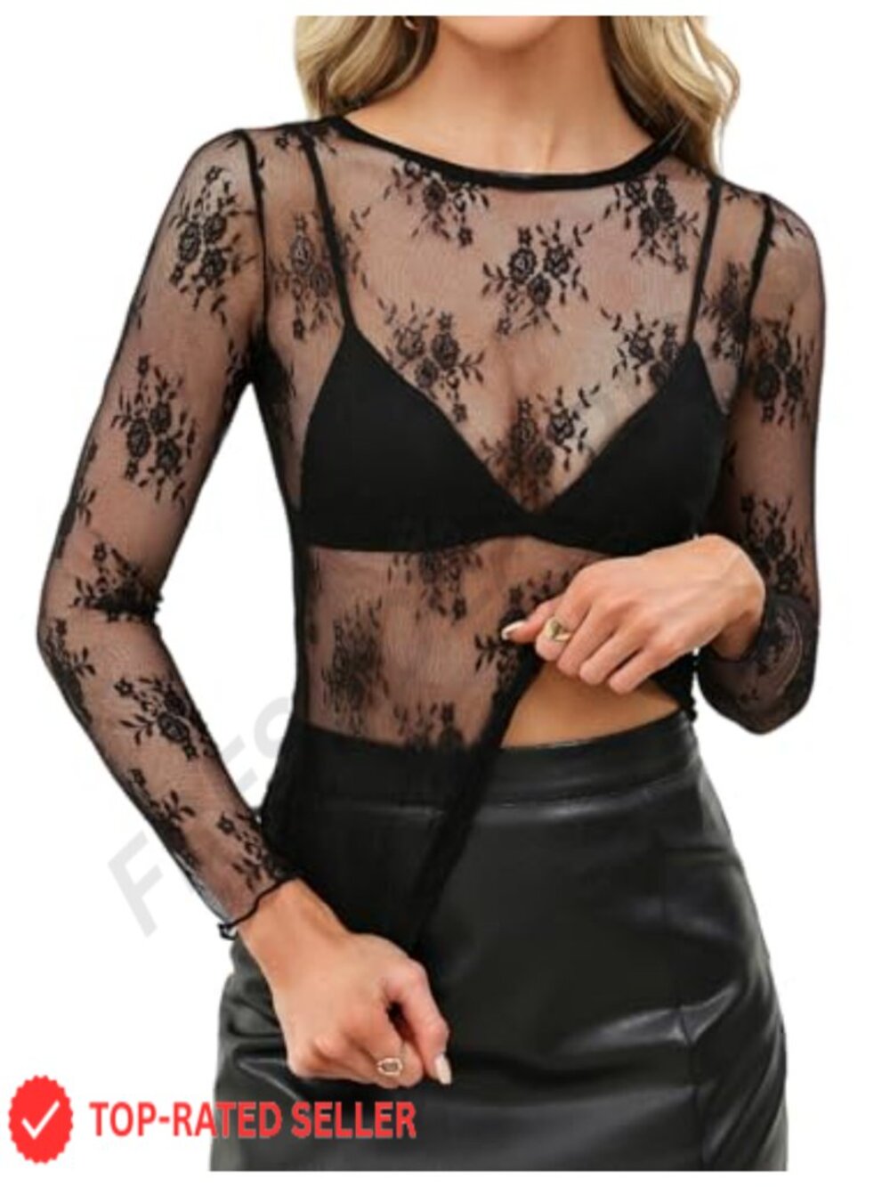 Womens Mesh Lace Long Sleeve Crew Neck See Through Blouse Top
